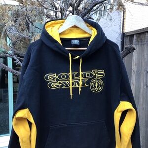 Vintage 90s Golds Gym Hoodie Black Yellow Mens Large Pullover Bodybuilding